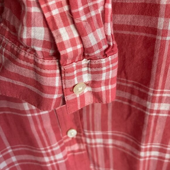 ANN Taylor Loft Woman's Large Petite Peach Plaid Lightweight Button Front Blouse - Picture 4 of 9